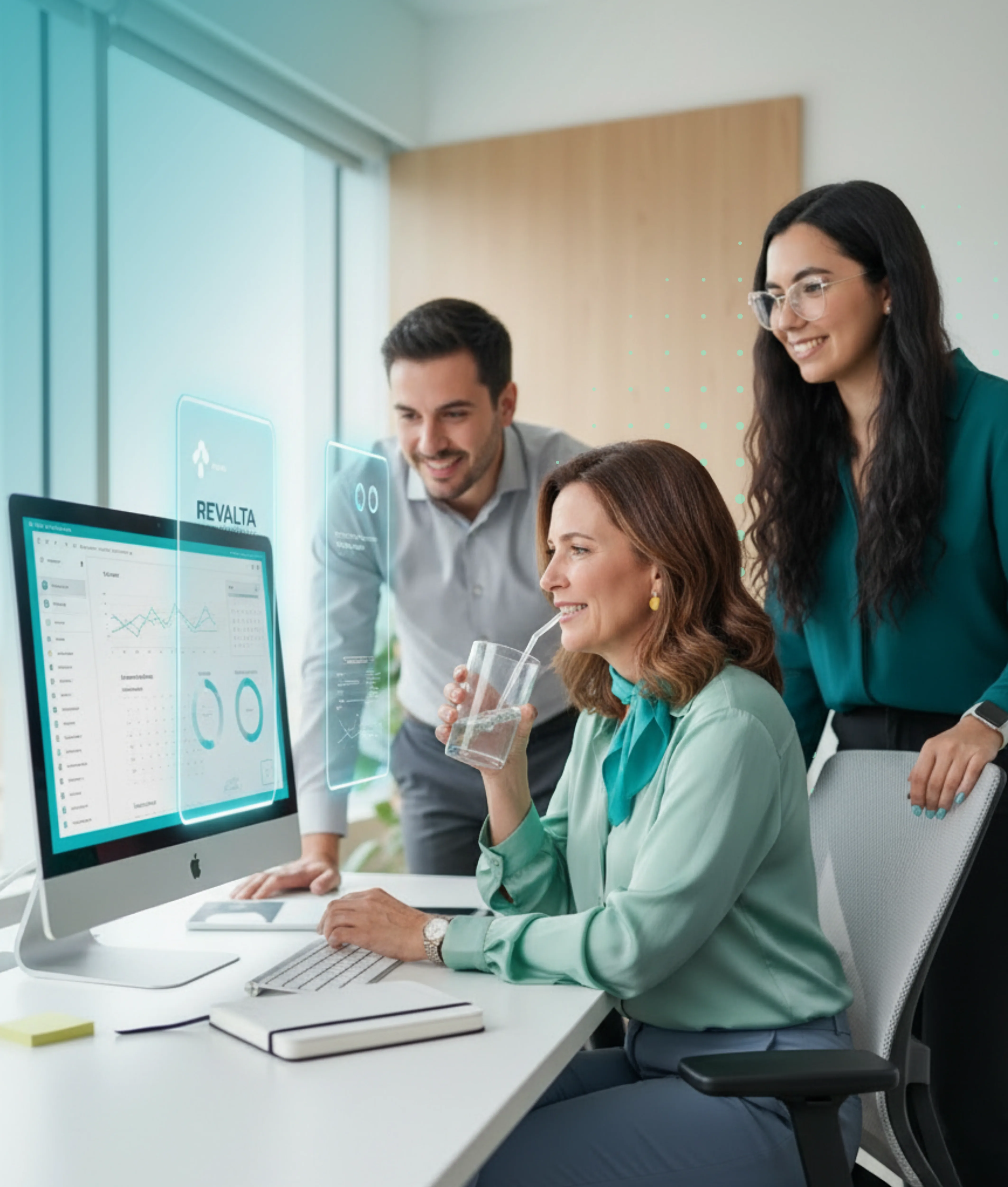 Equipo de coaching colaborando con dashboards en oficina luminosa