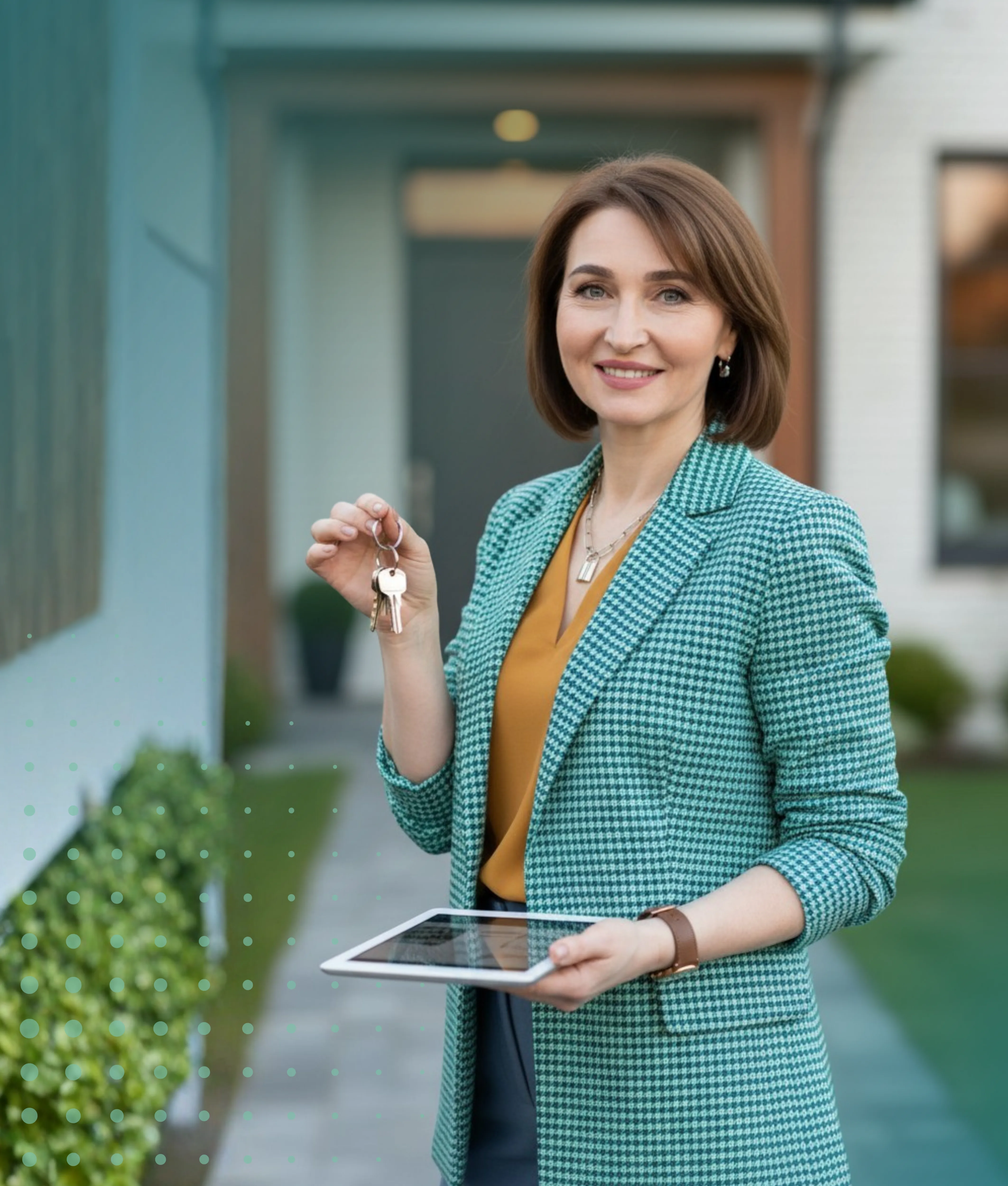 Corredora inmobiliaria con llaves y tablet frente a una propiedad