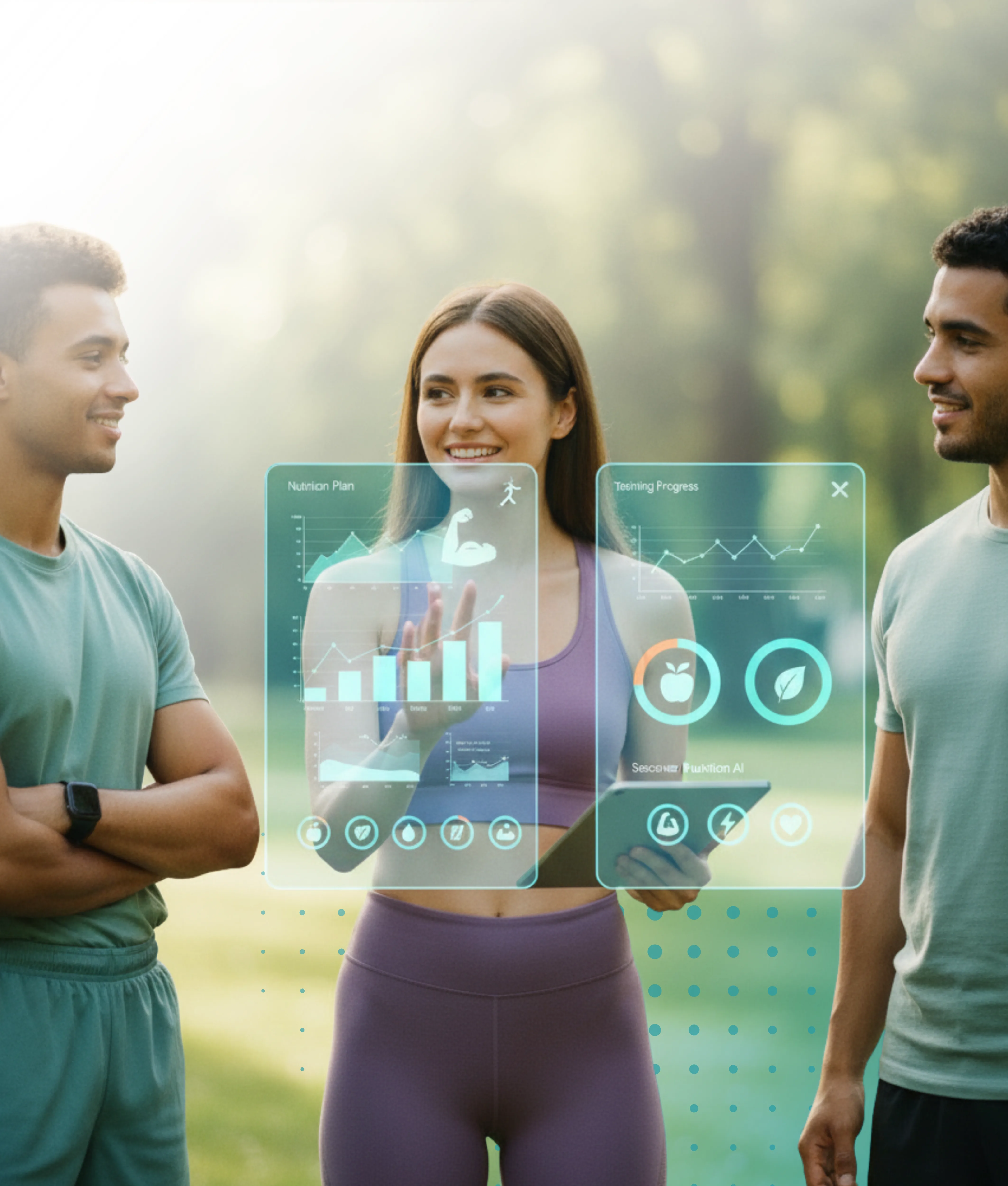 Profesionales de salud y bienestar con seguimiento digital en un entorno natural